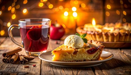Warm up your soul with a delicious slice of apple pie topped with vanilla ice cream, paired with spiced wine on a cozy winter night