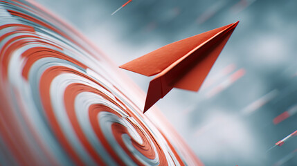 Red paper airplane flying towards a red and white target with a blurred background