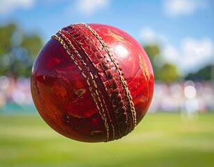 Cricket Ball in Focus on Green Field.