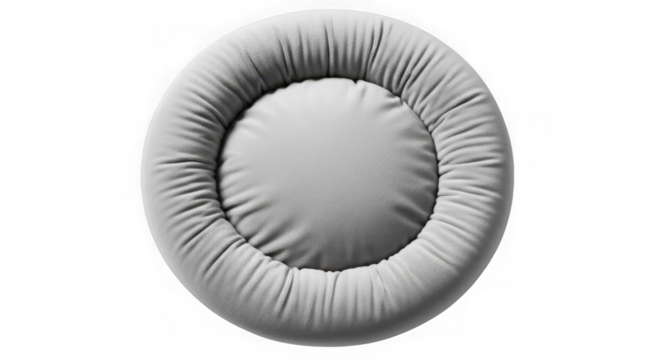 Gray round plush cushion for pet comfort or home decor item.