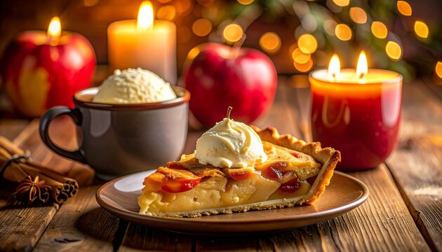 Enjoy a slice of homemade apple pie with vanilla ice cream and cozy candles for a perfect autumn celebration and warm holiday memories - Powered by Adobe