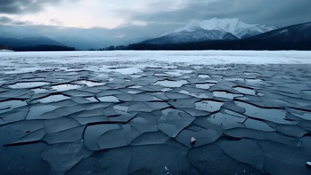 Aerial view of a frozen lake with intricate patterns of ice and snow, set against a backdrop of snowcapped mountains. The lakes surface is a mix of dark and light shades.