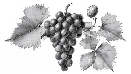 Obraz premium Hand-drawn illustration of grapes, showcasing wine vine leaves and fruits, suitable for vintage label design