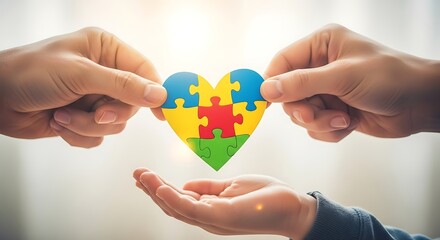 Hands Assembling Autism Awareness Heart Puzzle for Support.