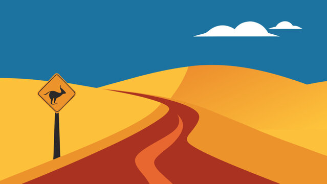 Cartoon Desert Road in Australian Outback with Kangaroo Sign