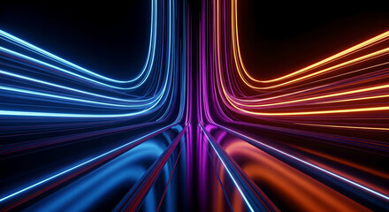 Digital Technology Abstract Background Neon Light Trails Blue Orange Copy Space
