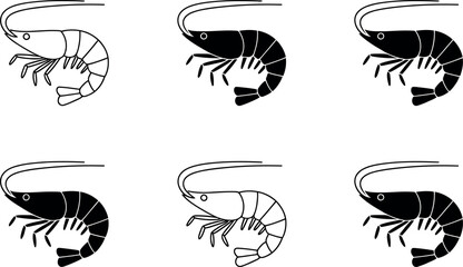Six stylized shrimp illustrations in black and white arranged in a pattern on a clean white background