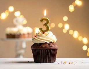 Close-up of a chocolate cupcake with white frosting, a lit golden "3" candle, and sprinkles