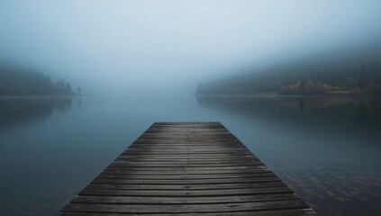 Fototapeta premium A wooden dock leads into a foggy lake, with the mist hiding the distant shore and softening the water's reflections, seasonal change