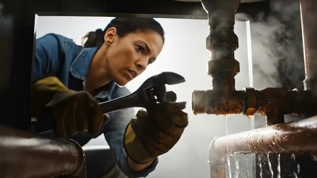 Plumber Adjusting Pipe with Wrench