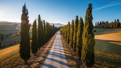 Obraz premium Aerial view of a white road flanked by pine trees, showcasing seasonal change