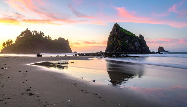 A scenic coastal view showcases rock formations in the ocean at dusk, reflecting in the wet sand. The sky is alight with pinks and oranges - Powered by Adobe