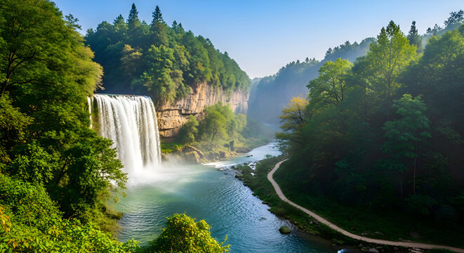 Majestic waterfall cascades through lush green forested canyon