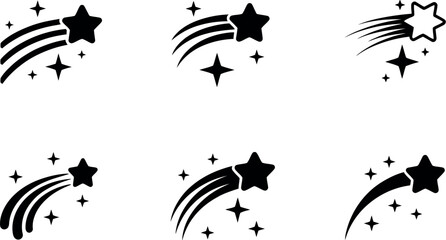 Naklejka premium Black and white shooting star illustrations with star trails and smaller stars on a white background design elements