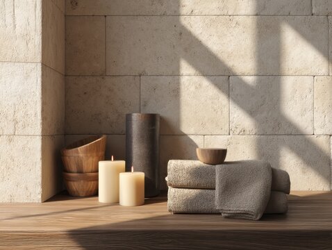 A wooden table with candles and towels on it. The candles are lit and the towels are stacked on top of each other - Powered by Adobe