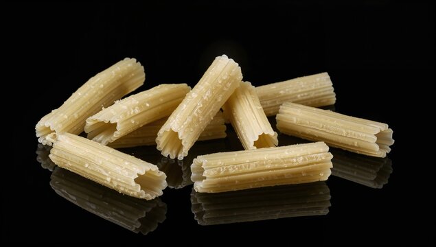 Fresh raw fusilli bucati pasta arranged on black glass, ideal for culinary presentations