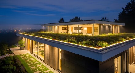 Obraz premium Modern luxury home with green roof illuminated at night.