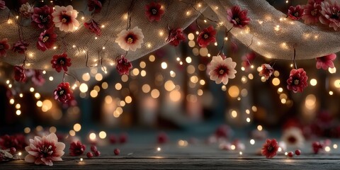 a stylish christmas backdrop with blurry redish and golden lights