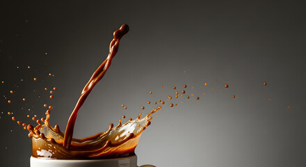 Dynamic Coffee Splash in White Cup on Dark Background