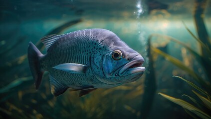 Fototapeta premium The piranha fish glides through the aquarium, showcasing its sharp teeth and scales, highlighting the risk of bites