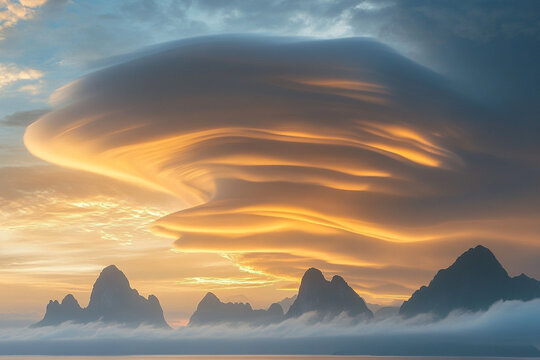 magical sky where puffy clouds resemble floating islands, bathed in ethereal golden light