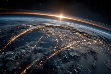 A wide shot of Earth viewed from space showing a network of global