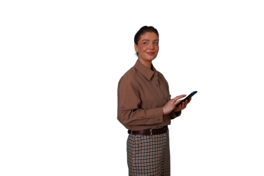 Professional woman smiling, standing while typing on tablet, managing business tasks on transparent background