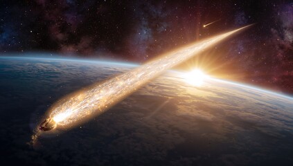 Bright comet streaking through the cosmos with a glowing tail. The celestial object nears the star, releasing vaporized material.