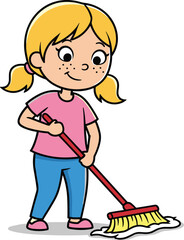 Cute cartoon girl with pigtails sweeping the floor with a yellow broom, helping with chores, teaching children responsibility and clean housekeeping vector illustration.