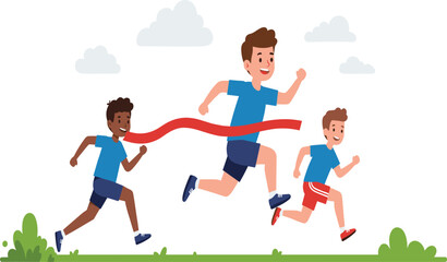 Three diverse runners crossing the finish line tape together, celebrating teamwork, sportsmanship, and success in a fun marathon or outdoor running race vector.