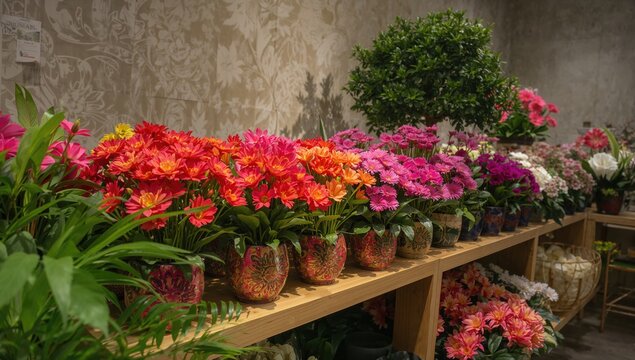 Various potted flowers with lush green foliage displayed on a retail shelf, ideal for enhancing indoor decor - Powered by Adobe