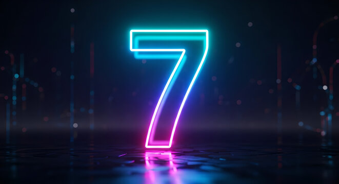 Neon Number Seven Glowing Blue Pink Gradient 3D Render Copy Space - Powered by Adobe