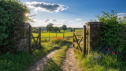Fototapeta premium Rural Scene Amidst Lush Greenery. A Pathway Leading to Open Fields.