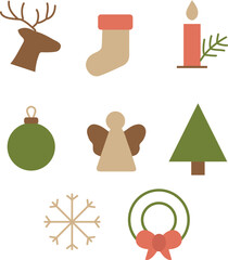 Flat Christmas and New Year icons set deer, stocking, candle, bauble, angel, snowflake, wreath, and tree minimalist holiday illustration
