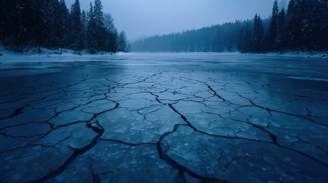 Cracked ice on a frozen lake in a winter landscape with snowcovered trees and a misty atmosphere