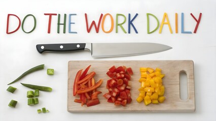 Knife cutting colorful diced peppers on a wooden cutting board