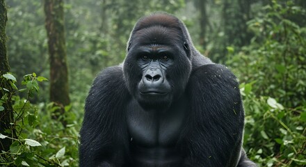 Obraz premium Majestic Silverback Mountain Gorilla Gazing from the Dense Jungle.