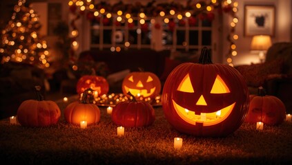 Fototapeta premium Halloween celebration featuring pumpkins and a carved jack-o-lantern, festive atmosphere