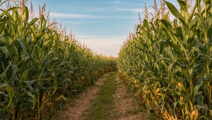 Naklejka premium Trail winding through a dense corn plantation.
