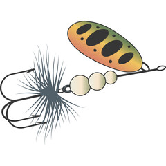 Fishing Lure With Spinner And Barbed Hooks And Four Oval Spots In Orange Green And Yellow Colors On White Background