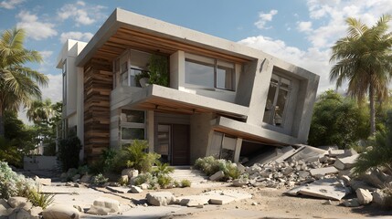 Fototapeta premium Modern tropical residence severely damaged by structural collapse and debris strewn across the grounds