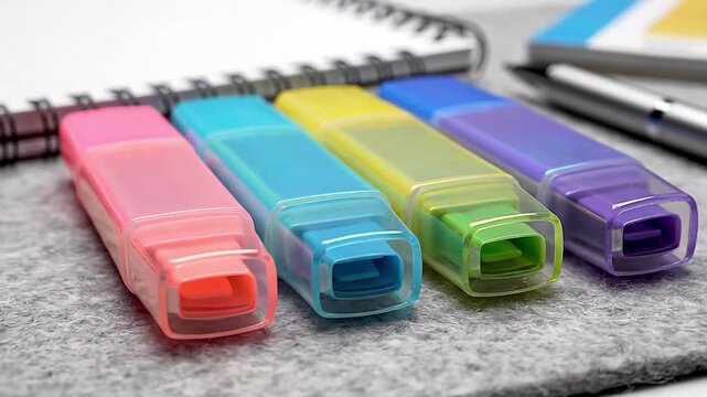 Iridescent highlighters on a study mat, slow rotate reveals translucent ink cores and glossy caps