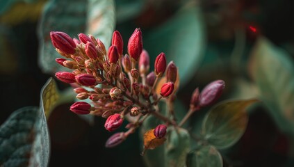Fototapeta premium Close-up of a plant featuring bright red young leaves juxtaposed with older green foliage, highlighting seasonal change