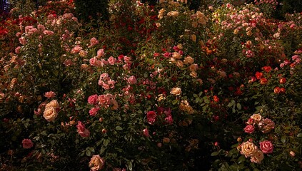 Rose pathway glowing with vibrant hues in an expansive nighttime garden