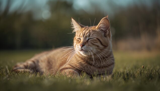 A playful feline sprawled out and enjoying a moment of leisure, embodying relaxation