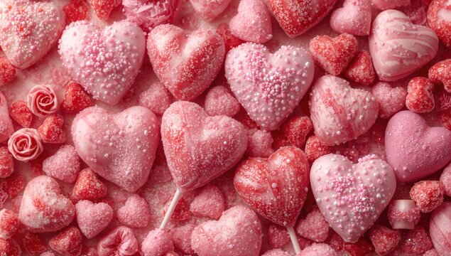 Heart-shaped candies coated in sugar, a colorful assortment of sweet treats, Valentine's Day