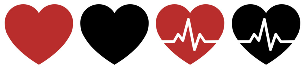 Red and black heart icon set for love and medical app design. Heart love romance valentine red icon for apps and websites. Heartbeat pulse health medical vector for apps and healthcare sites. 