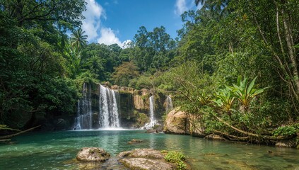 Naklejka premium Beautiful tropical forest with a waterfall, showcasing seasonal change