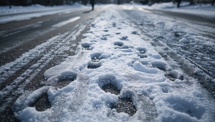 Naklejka premium Footprints on a snowy road, revealing patterns in winter's white landscape, erosion risk