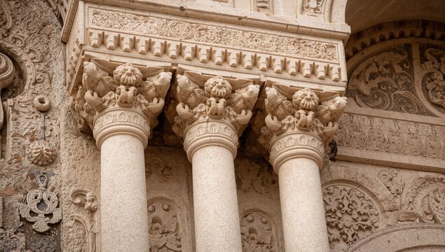 Architectural details featuring gypsum stucco and plaster columns, showcasing historical craftsmanship, preservation
